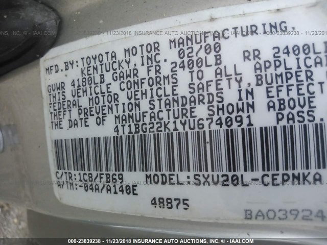 4T1BG22K1YU674091 - 2000 TOYOTA CAMRY CE/LE/XLE SILVER photo 9