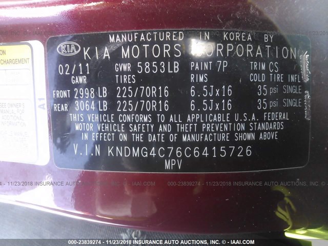 KNDMG4C76C6415726 - 2012 KIA SEDONA LX RED photo 9