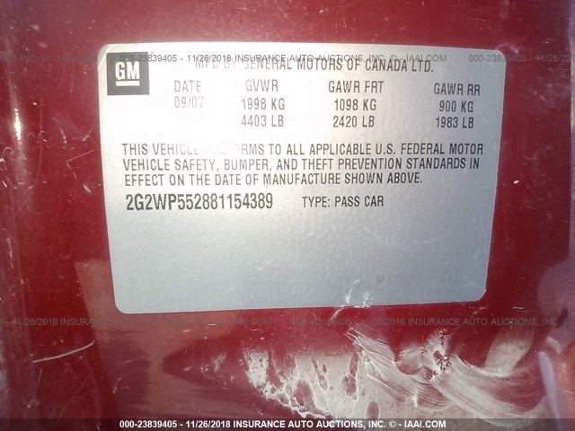 2G2WP552881154389 - 2008 PONTIAC GRAND PRIX RED photo 9
