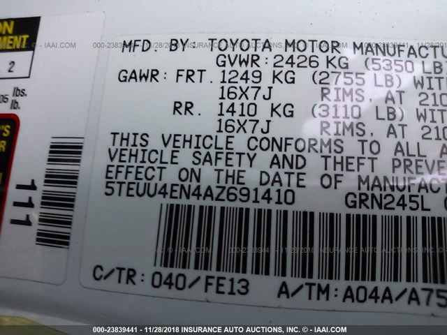 5TEUU4EN4AZ691410 - 2010 TOYOTA TACOMA ACCESS CAB თეთრი ფოტო 9