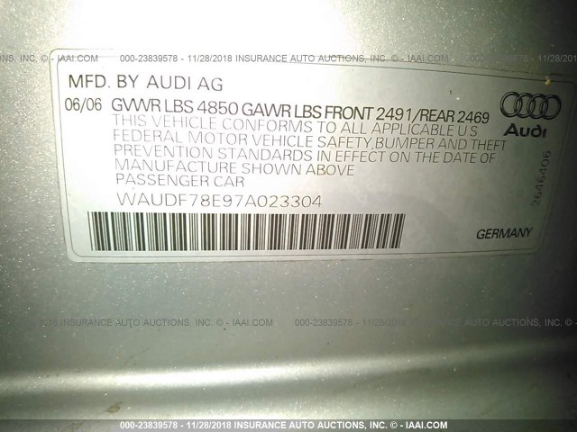 WAUDF78E97A023304 - 2007 AUDI A4 2.0T QUATTRO SILVER photo 9