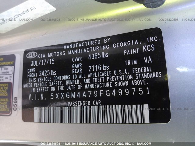 5XXGM4A79FG499751 - 2015 KIA OPTIMA LX ვერცხლისფერი ფოტო 9