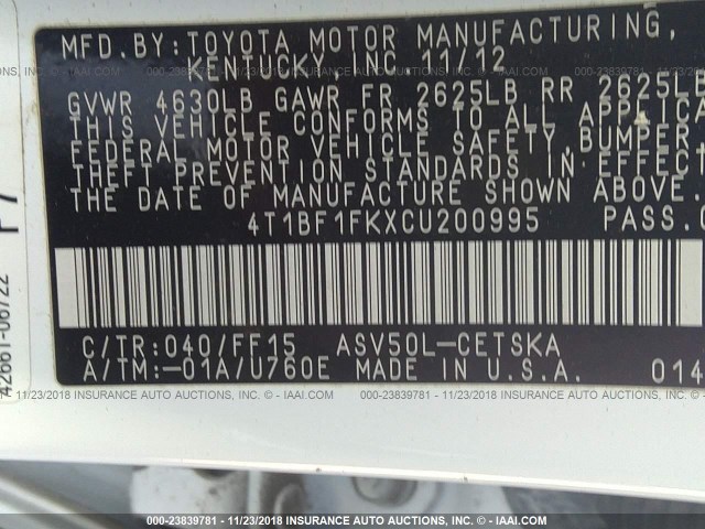 4T1BF1FKXCU200995 - 2012 TOYOTA CAMRY SE/LE/XLE WHITE photo 9