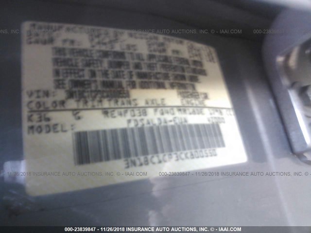 3N1BC1CP3CK800550 - 2012 NISSAN VERSA S/SL GRAY photo 9