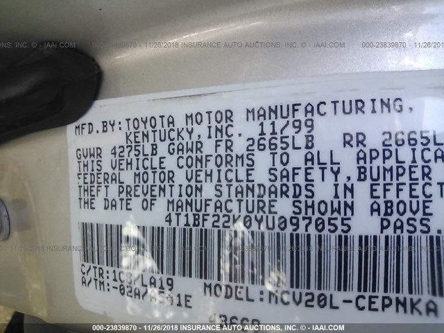 4T1BF22K0YU097055 - 2000 TOYOTA CAMRY LE/XLE SILVER photo 9