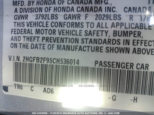 2HGFB2F95CH536014 - 2012 HONDA CIVIC EXL SILVER photo 9