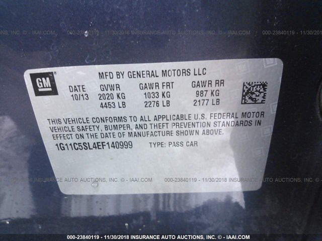 1G11C5SL4EF140999 - 2014 CHEVROLET MALIBU 1LT BLUE photo 9