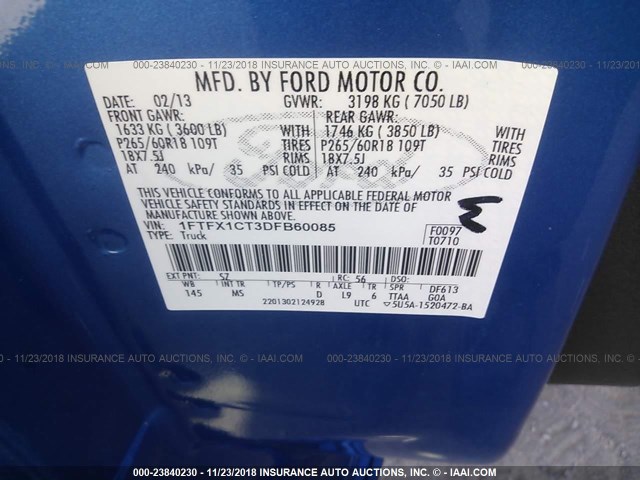 1FTFX1CT3DFB60085 - 2013 FORD F150 SUPER CAB BLUE photo 9