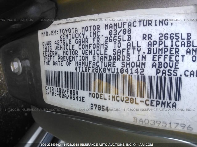 4T1BF28K0YU104142 - 2000 TOYOTA CAMRY LE/XLE 金色 照片 9