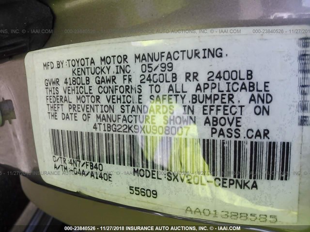 4T1BG22K9XU908007 - 1999 TOYOTA CAMRY CE/LE/XLE GRAY photo 9