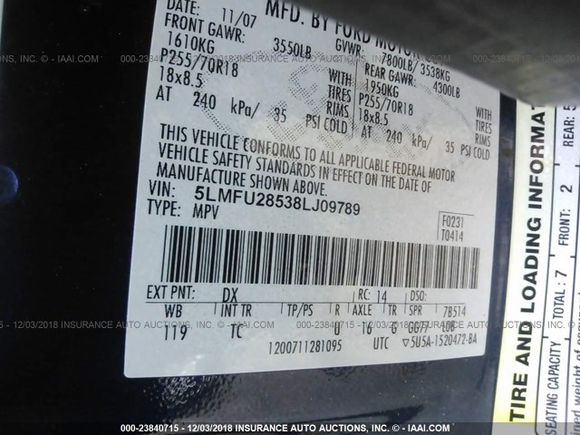 5LMFU28538LJ09789 - 2008 LINCOLN NAVIGATOR Көк фото 9