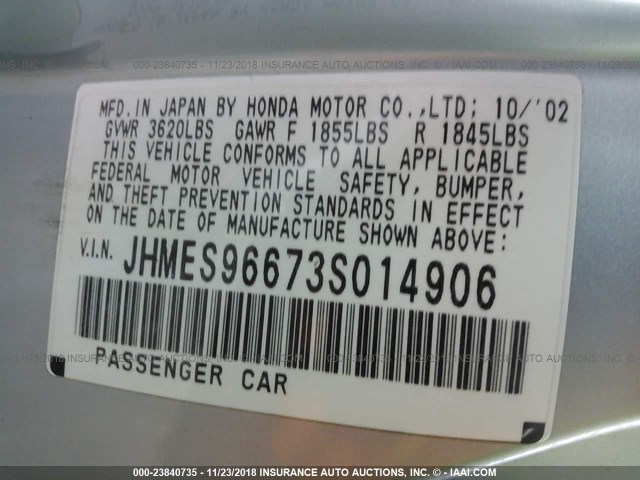 JHMES96673S014906 - 2003 HONDA CIVIC HYBRID Light Blue photo 9