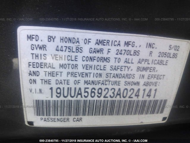 19UUA56923A024141 - 2003 ACURA 3.2TL TYPE-S GRAY photo 9