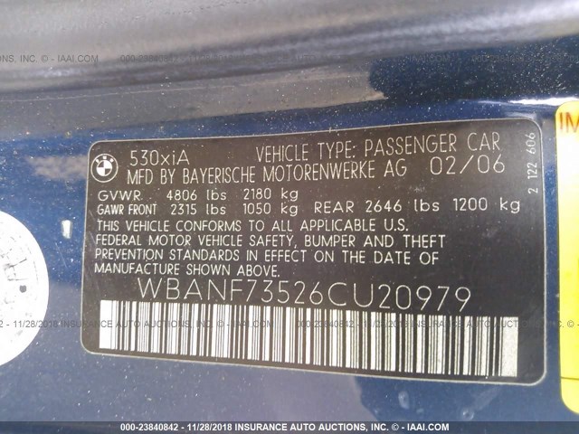 WBANF73526CU20979 - 2006 BMW 530 XI BLUE photo 9