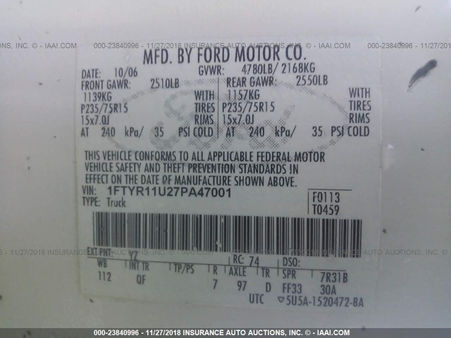 1FTYR11U27PA47001 - 2007 FORD RANGER WHITE photo 9