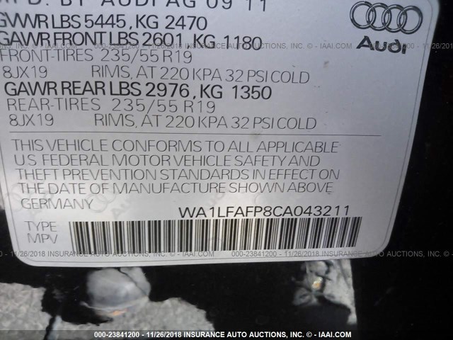 WA1LFAFP8CA043211 - 2012 AUDI Q5 PREMIUM PLUS GRAY photo 9