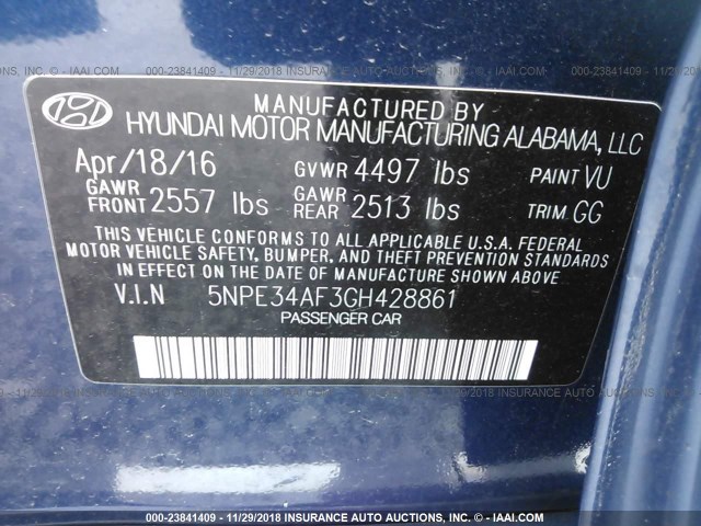 5NPE34AF3GH428861 - 2016 HYUNDAI SONATA SPORT/LIMITED BLUE photo 9