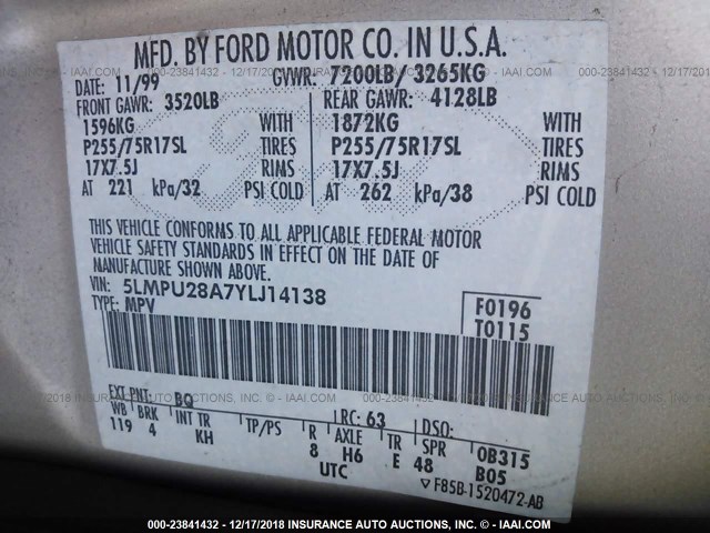 5LMPU28A7YLJ14138 - 2000 LINCOLN NAVIGATOR 棕色 照片 9