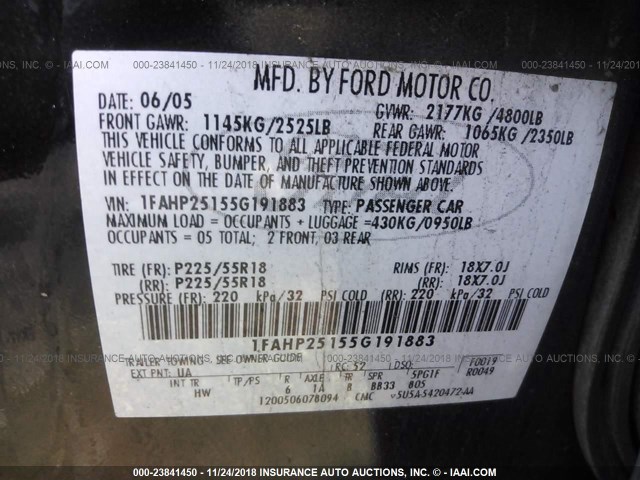 1FAHP25155G191883 - 2005 FORD FIVE HUNDRED LIMITED BLACK photo 9