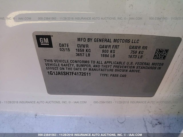 1G1JA6SH7F4172611 - 2015 CHEVROLET SONIC LS 白色 照片 9