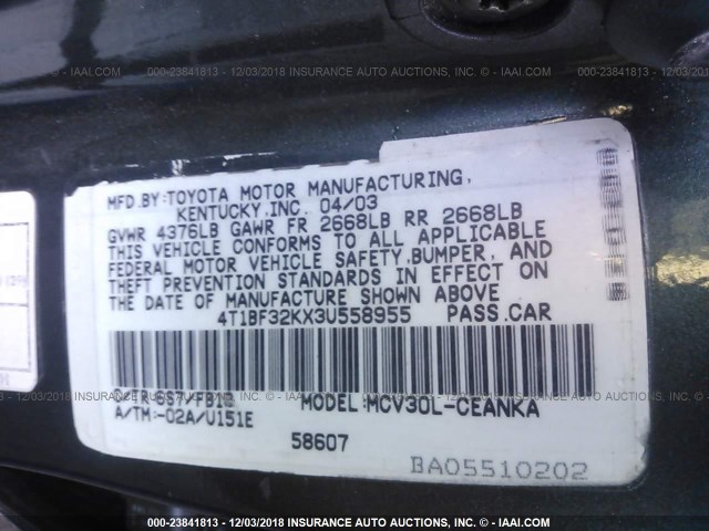 4T1BF32KX3U558955 - 2003 TOYOTA CAMRY LE/XLE/SE GREEN photo 9