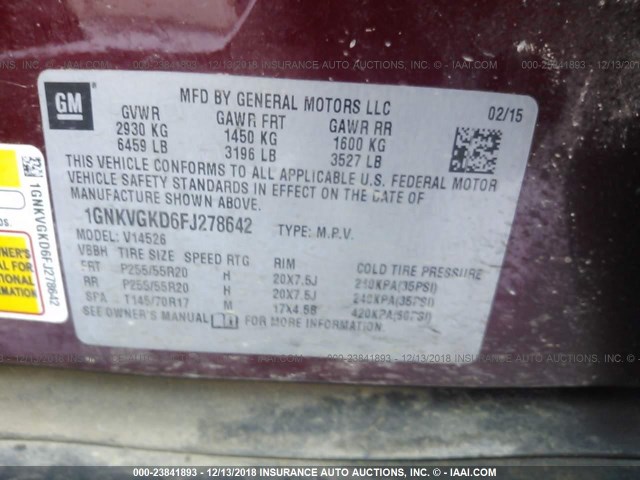 1GNKVGKD6FJ278642 - 2015 CHEVROLET TRAVERSE LT RED photo 9