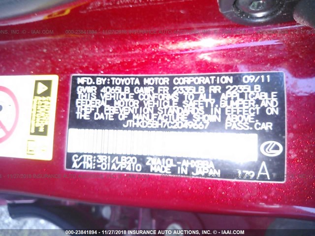 JTHKD5BH7C2049667 - 2012 LEXUS CT 200 RED photo 9