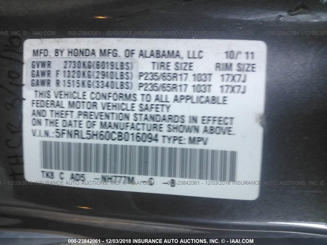 5FNRL5H60CB016094 - 2012 HONDA ODYSSEY EXL GRAY photo 9