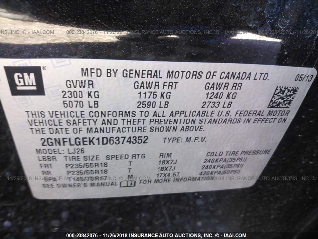 2GNFLGEK1D6374352 - 2013 CHEVROLET EQUINOX LTZ BLACK photo 9