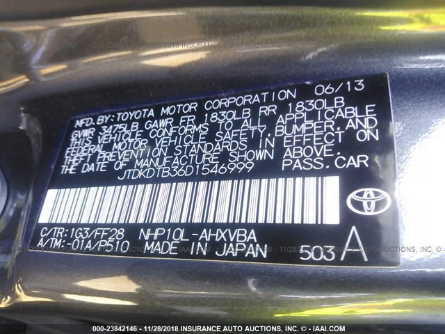 JTDKDTB36D1546999 - 2013 TOYOTA PRIUS C GRAY photo 9