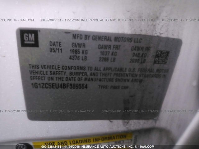 1G1ZC5EU4BF389564 - 2011 CHEVROLET MALIBU 1LT WHITE photo 9