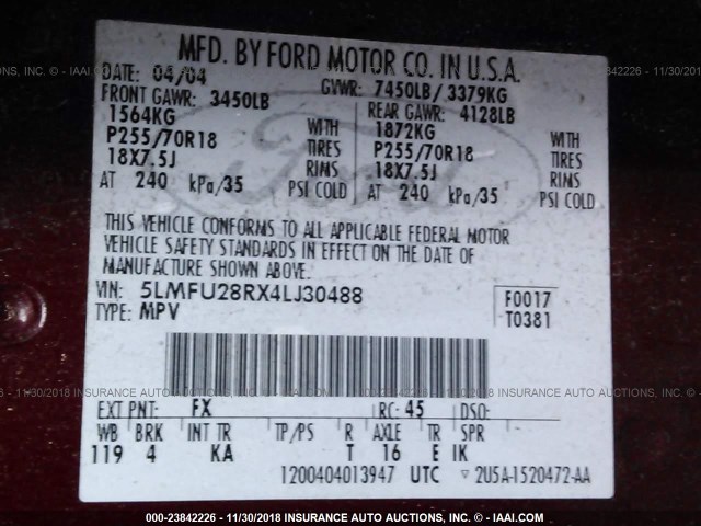 5LMFU28RX4LJ30488 - 2004 LINCOLN NAVIGATOR 红色 照片 9