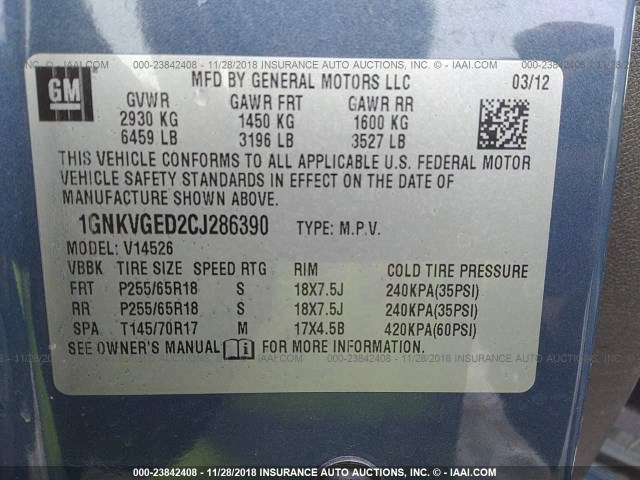 1GNKVGED2CJ286390 - 2012 CHEVROLET TRAVERSE LT BLUE photo 9