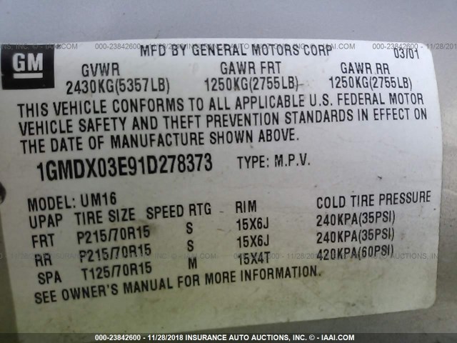 1GMDX03E91D278373 - 2001 PONTIAC MONTANA SILVER photo 9