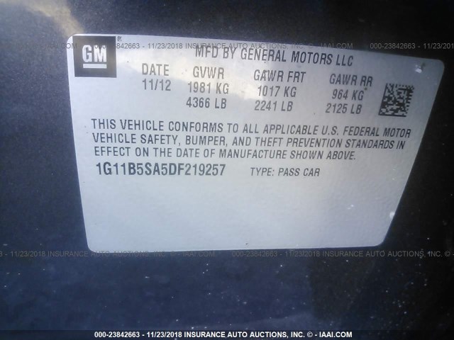 1G11B5SA5DF219257 - 2013 CHEVROLET MALIBU LS 灰色 照片 9