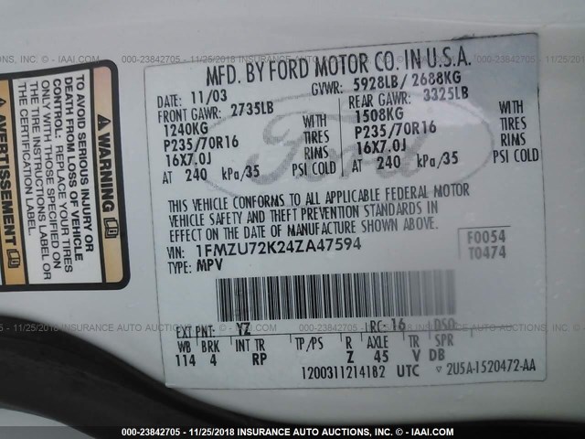 1FMZU72K24ZA47594 - 2004 FORD EXPLORER XLS/XLS SPORT WHITE photo 9