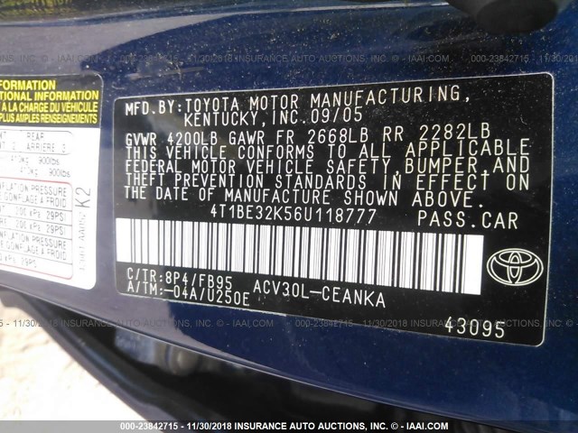 4T1BE32K56U118777 - 2006 TOYOTA CAMRY LE/XLE/SE BLUE photo 9