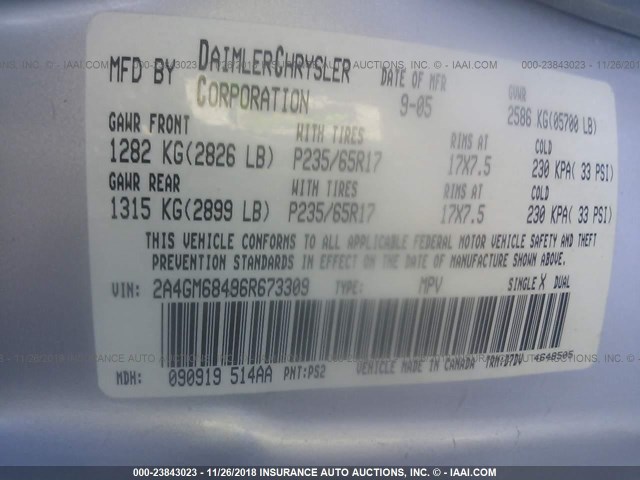 2A4GM68496R673309 - 2006 CHRYSLER PACIFICA TOURING SILVER photo 9