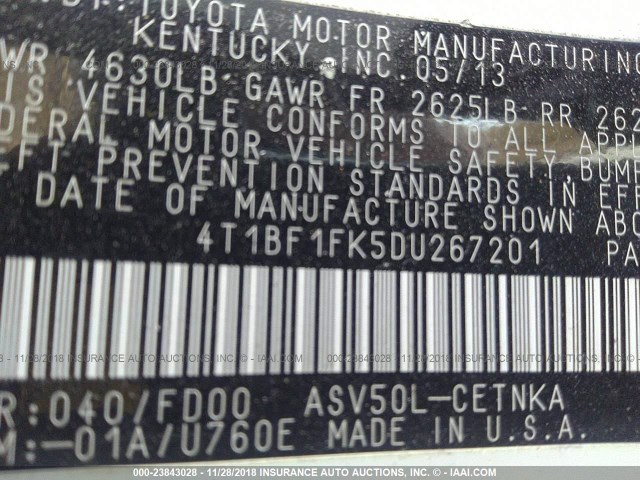 4T1BF1FK5DU267201 - 2013 TOYOTA CAMRY L/SE/LE/XLE WHITE photo 9