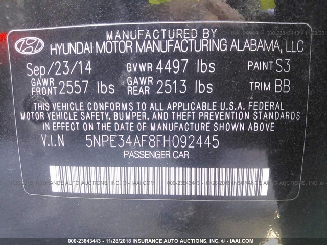 5NPE34AF8FH092445 - 2015 HYUNDAI SONATA SPORT/LIMITED BLACK photo 9