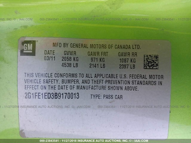 2G1FE1ED3B9170013 - 2011 CHEVROLET CAMARO LS GREEN photo 9