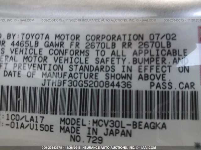 JTHBF30G520084436 - 2002 LEXUS ES 300 SILVER photo 9