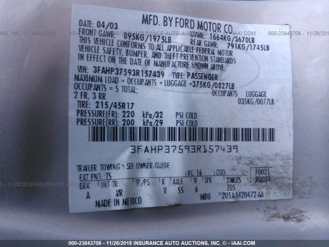 3FAHP37593R157439 - 2003 FORD FOCUS ZX5 SILVER photo 9