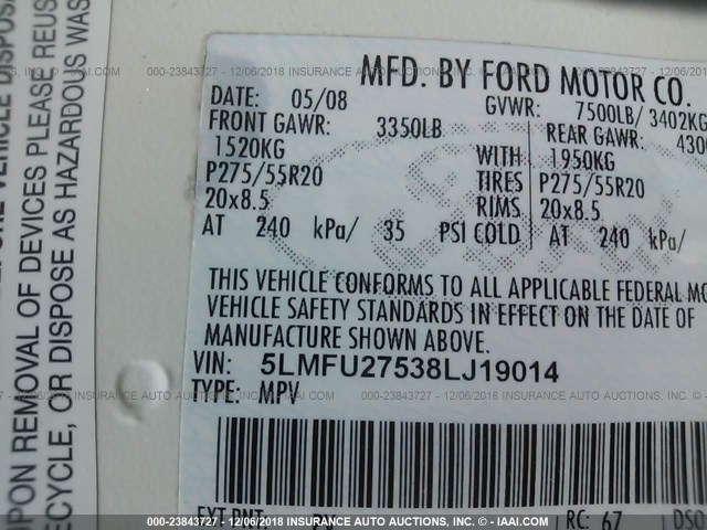 5LMFU27538LJ19014 - 2008 LINCOLN NAVIGATOR 白色 照片 9