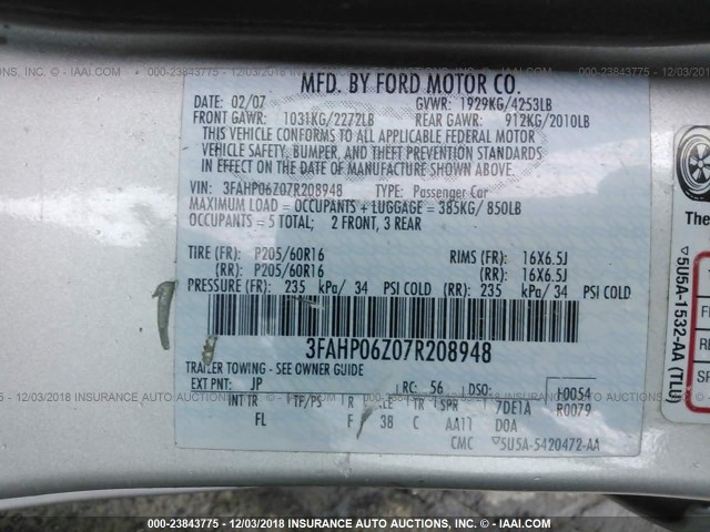 3FAHP06Z07R208948 - 2007 FORD FUSION S SILVER photo 9