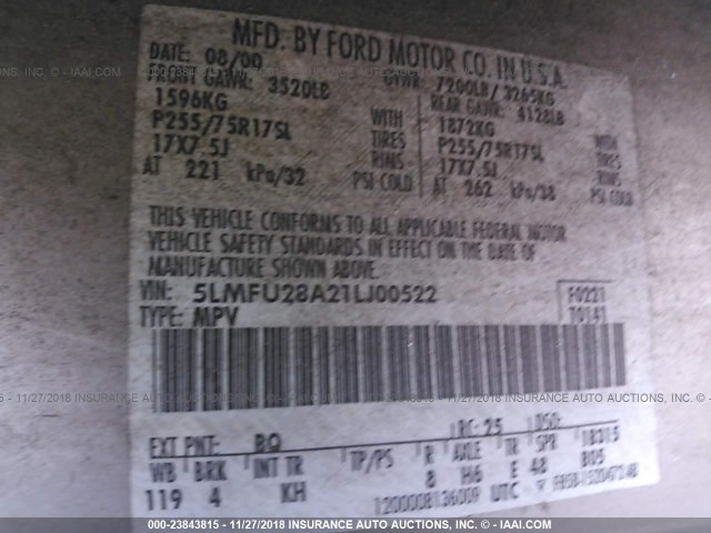 5LMFU28A21LJ00522 - 2001 LINCOLN NAVIGATOR 米色 照片 9