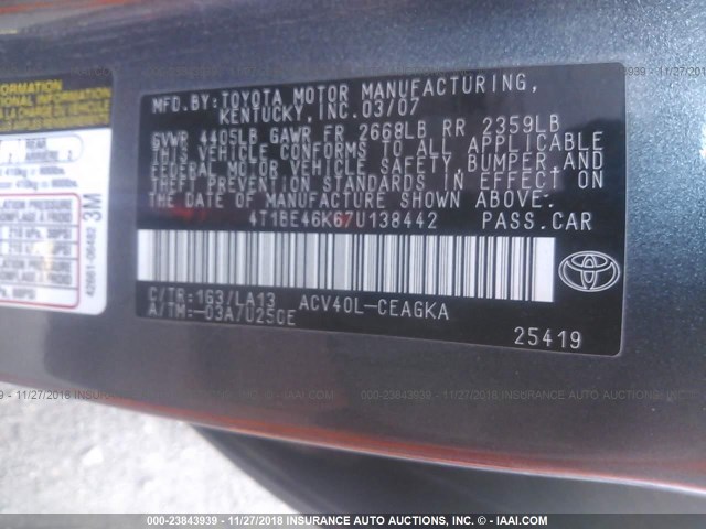 4T1BE46K67U138442 - 2007 TOYOTA CAMRY NEW GENERAT CE/LE/XLE/SE GRAY photo 9