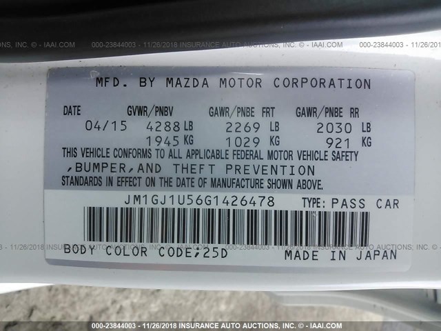 JM1GJ1U56G1426478 - 2016 MAZDA 6 SPORT WHITE photo 9