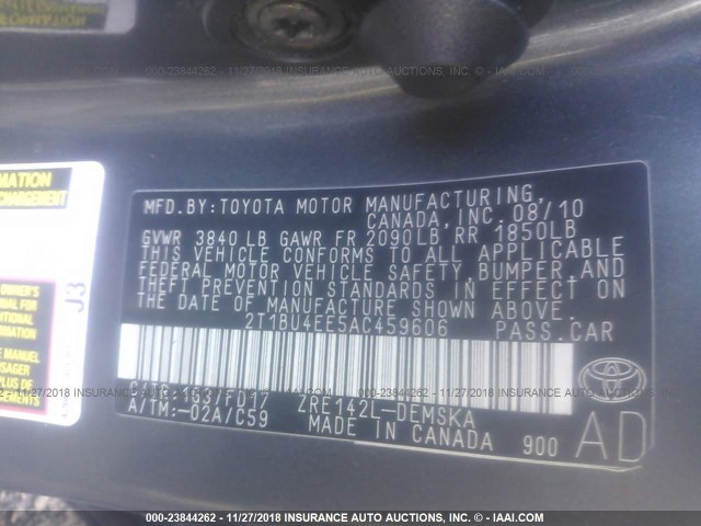 2T1BU4EE5AC459606 - 2010 TOYOTA COROLLA S/LE/XLE GRAY photo 9