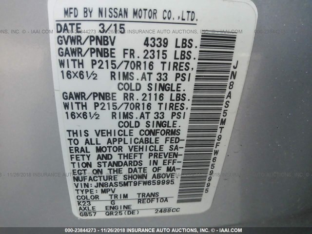 JN8AS5MT9FW659995 - 2015 NISSAN ROGUE SELECT S SILVER photo 9